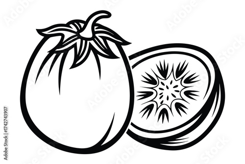 Silhouette Style Whole Eggplant & Cross Section on White Background