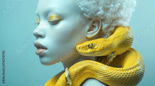 A photograph of an albino woman with short, curly hair, wearing gold and white , 