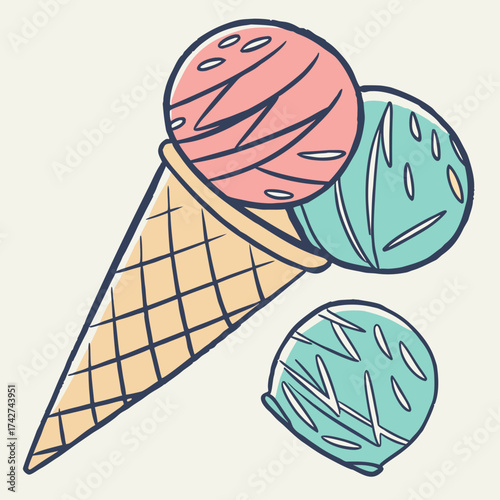Illustration of ice cream cones with three scoops of different flavors