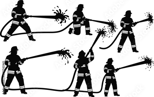 Firefighter silhouettes, spraying water with fire hoses, emergency response teamwork, protective gear poses, rescue service, vector illustration design