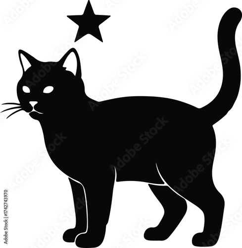 Illustrator Vector Black cat standing with a star above silhouette