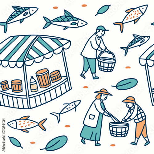Illustration of a fish market with people, stalls, and various types of fish