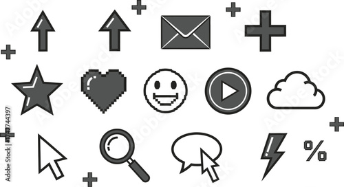 Collection of pixelated icons arrow star heart email play cloud plus