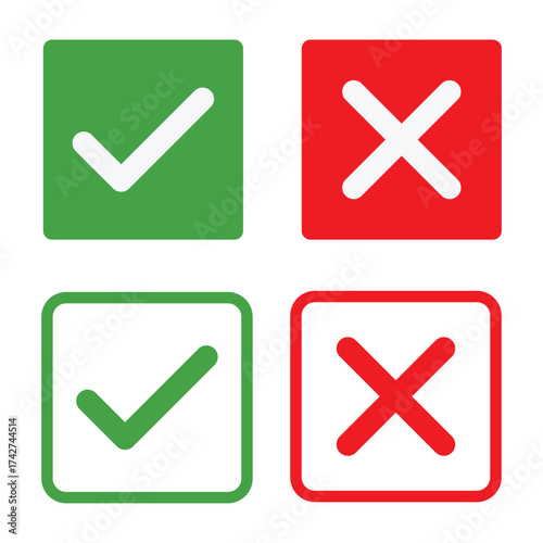 check mark icon button set. check box icon with right and wrong buttons and yes or no checkmark icons in green tick box and red cross	
