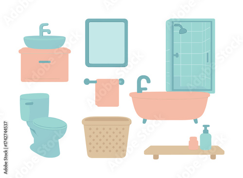 Vector Modern bathroom elements: bathtub, shower, sink, toilet, mirror, towel, basket, toiletries