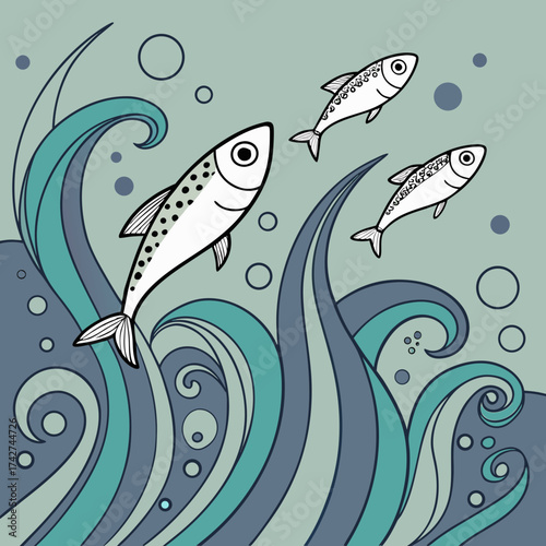 Four cartoon fishes swim in a wavy sea with bubbles and swirls