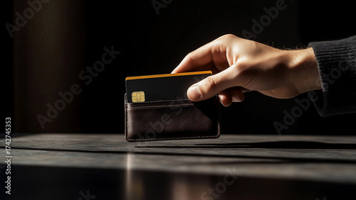 A close-up image of a hand holding a wallet with a partially inserted credit card. The wallet rests on a flat surface, and the background is dark, emphasizing the subject. Suitable for themes of finan