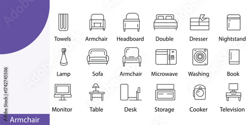 Line Art Icons of Home Furniture: Towels, Armchair, Headboard, Double Bed, Dresser, Nightstand, Lamp, Sofa, Microwave, Washing Machine