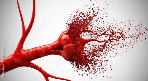Illustration of a red blood vessel with an aneurysm bursting into small red particles on white