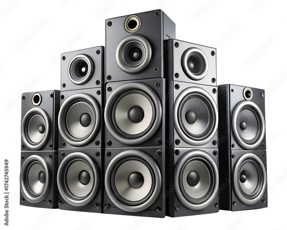 Fototapeta premium A stack of black audio speaker systems isolated on transparent background
