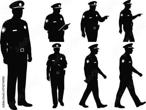 Police officer silhouettes, law enforcement in uniform, pointing, walking, clipboard and gesture poses, vector illustration design