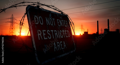 Forbidden Zone Sign Silhouetted Against Stunning Sunset Scenery Across The Industrial Horizon