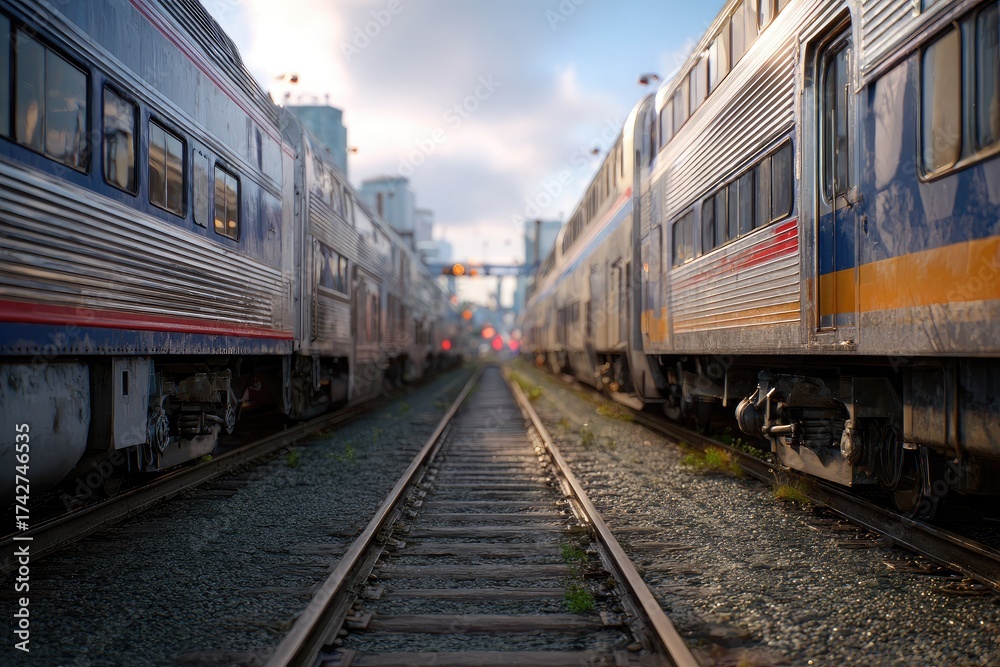 Fototapeta premium Modern Passenger Trains on Railway Tracks parallel
