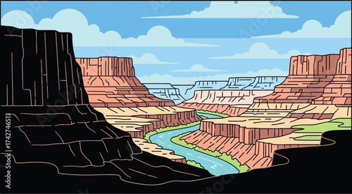 Grand canyon illustration cartoon landscape river canyon sky view