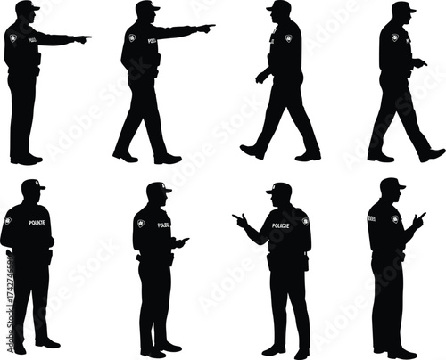 Police officer silhouettes, law enforcement in uniform, pointing, walking, gesturing and standing poses, vector illustration design
