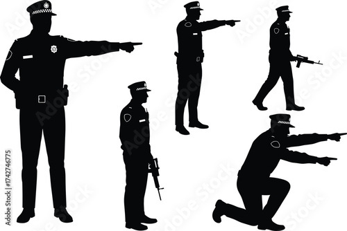 Police officer silhouettes, law enforcement tactical poses with firearm, pointing, kneeling and walking stances, vector illustration design