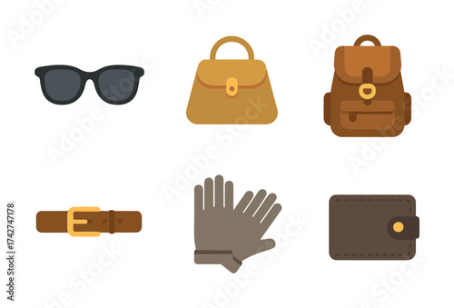 Vector Fashion accessories collection: sunglasses, bags, belt, gloves, and wallet icons