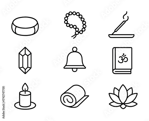 Vector Spiritual icon set with meditation items including beads, candle, and lotus