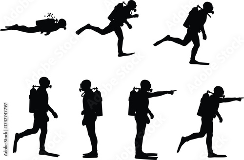 Scuba diver silhouettes, underwater swimming and walking poses, diving gear with fins and tank, vector illustration design