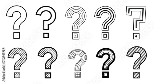Collection of diverse question mark icons representing inquiry, brainstorming, and problem-solving concepts


