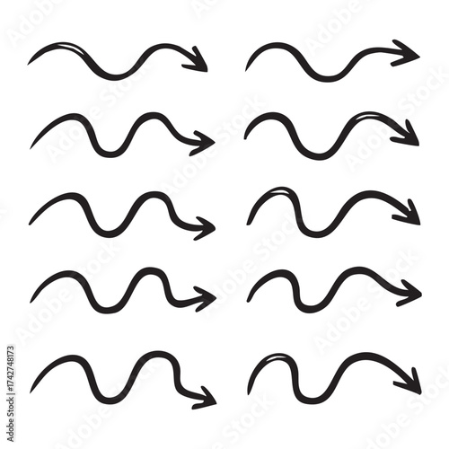 Hand Drawn Wavy Arrows Set for Creative Design Projects and Presentations Pointing Rightwards for Emphasis and Navigation