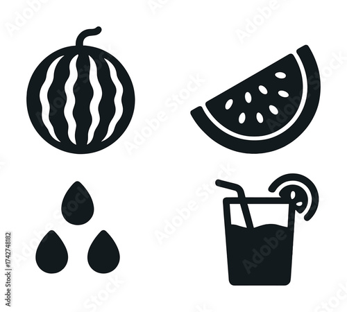 Vector Watermelon icons set: whole fruit, slice, juice, seeds in black and white graphics