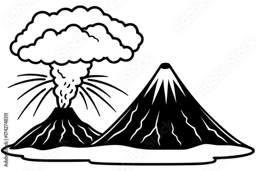 Minimal Line Art Volcano Eruption Vector Illustration on White Background