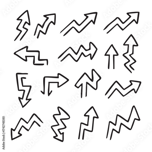 Collection of Hand Drawn Arrows Displaying Various Shapes and Directions Representing Movement Choice and Wayfinding Black and White