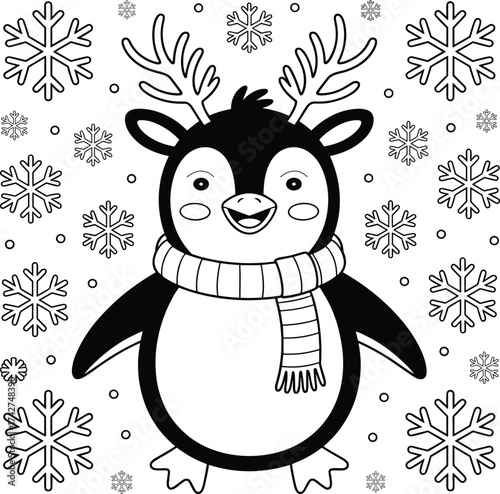 Black and white cartoon penguin with reindeer antlers and scarf surrounded by snowflakes