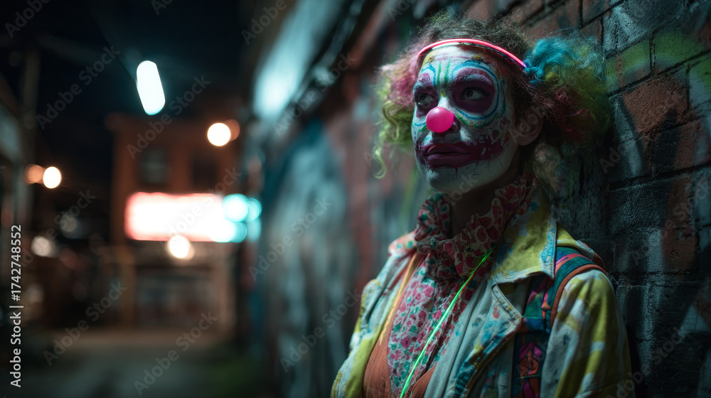 Fototapeta premium Neon-painted Halloween clown standing on urban street at night, glowing costume and vibrant atmosphere captured in cinematic style concept