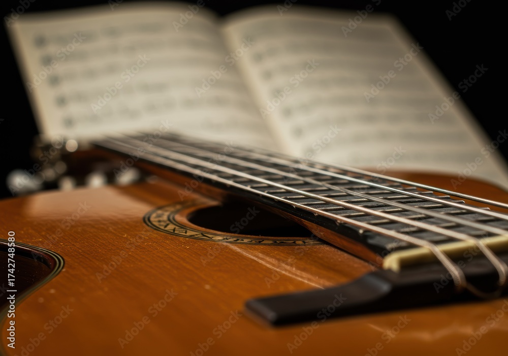 Fototapeta premium Close-up of a classical guitar with sheet music in the background