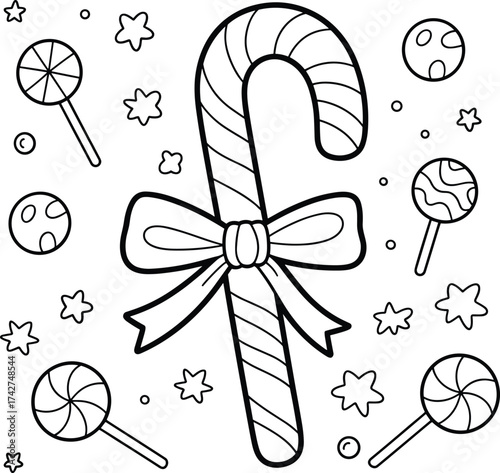 Black and white illustration of candy cane with bow and various lollipops swirl round