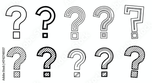 Collection of diverse question mark icons representing inquiry, brainstorming, and problem-solving concepts

