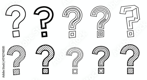 Collection of diverse question mark icons representing inquiry, brainstorming, and problem-solving concepts

