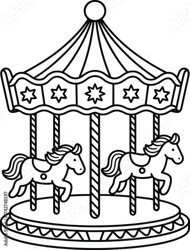 Black and white line drawing of a carousel with two horses ride amusement