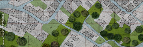 URBAN PLANNING MAP WITH CITY LAYOUT AND GREEN AREAS - Concept of