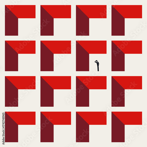 Vector illustration symbolizing feeling lost, challenge, or finding a path in the complex corporate world. A man is tiny amidst a repetitive maze-like pattern of red, L-shaped architectural blocks