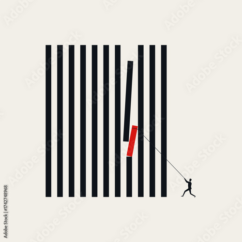 Minimalist vector illustration representing business disruption, breaking the status quo, market change, innovation, or challenging the norm. A tiny man pulls on a large black-and-white grid with a re