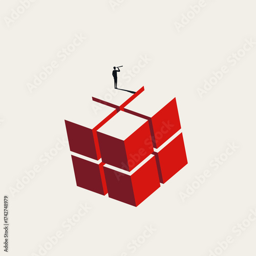 Vector illustration symbolizing business scalability, technology, investment, and growth. A businessman stands atop a large red and white geometric cube, looking into the distance with a telescope