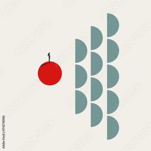 Vector illustration representing leadership, influence, and inspiration. A single figure stands on a bold red circle, leading or inspiring a line of followers made up of semi-circular blue-gray shapes