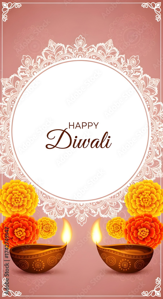 Naklejka premium Happy Diwali greeting card with marigold flowers and oil lamps