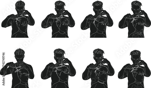 Barber silhouettes, haircutting with scissors and comb, client seated in chair, grooming and hairstyling, vector illustration design