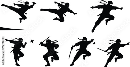 This image features a collection of silhouettes showing a ninja in various dynamic action poses with traditional weapons, such as a sword and shuriken.