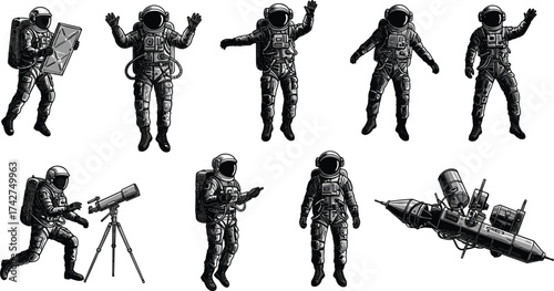 Space exploration illustration, astronaut activities, spacecraft design, black and white vector set, scientific discovery, cosmic adventure, futuristic technology, educational and editorial use