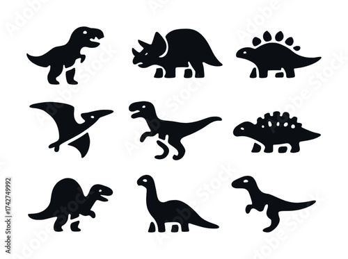 Vector Silhouette collection of various dinosaurs including t-rex, triceratops, stegosaurus, and pterodactyl