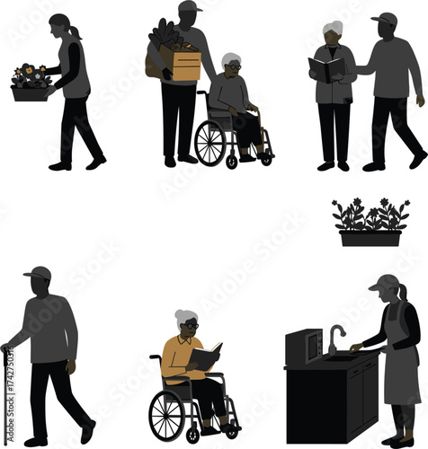 Elderly care, daily activities, wheelchair support, gardening, reading, companionship, caregiving, independence, senior lifestyle, home assistance, aging with dignity, wellness, inclusion