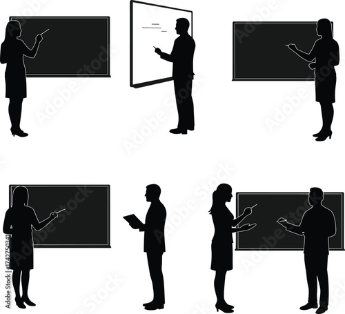 Silhouette of educators presenting in front of blank boards, teaching, training, explaining concepts, classroom instruction, seminar, academic, professional learning, education