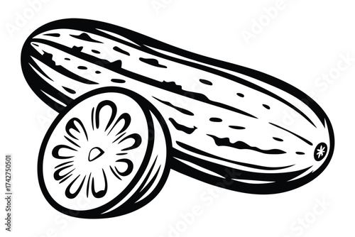 Stylized Zucchini with Slice on White Background Design