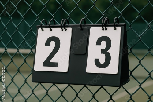 A scoreboard displaying the numbers 2 and 3, mounted on a green chain-link fence.