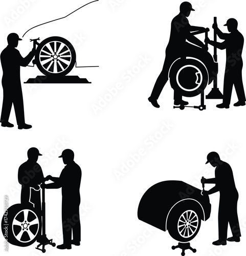Tire maintenance silhouette, mechanic working on car wheel, air pressure check, tire replacement teamwork, automotive service icons, black vector illustration set